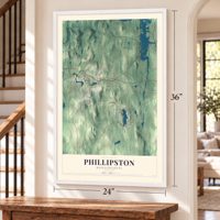 Phillipston, Massachusetts map, 24 x 36 inch print in a white frame by a staircase