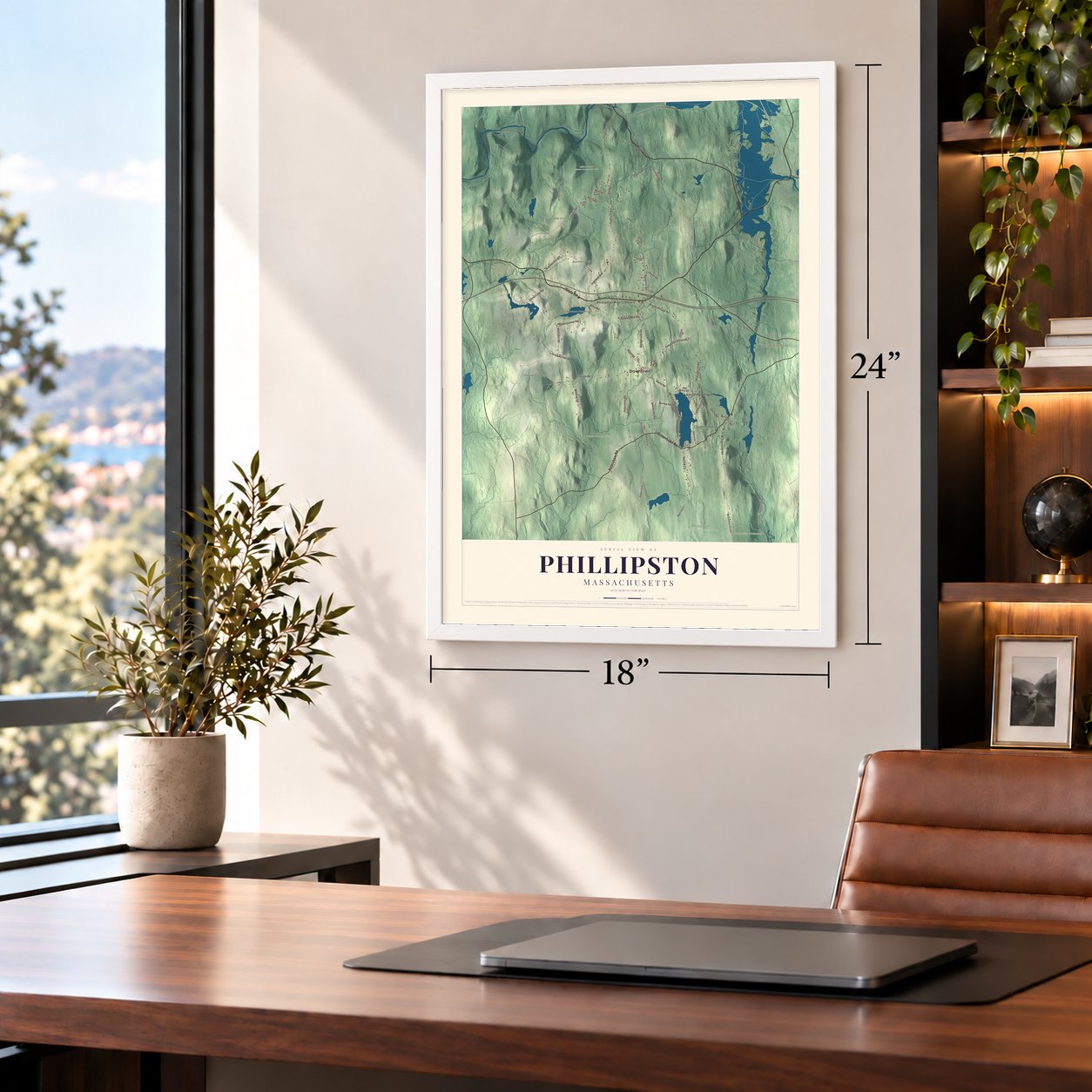 Phillipston, Massachusetts map, 18 x 24 inch print in a white frame in a home office