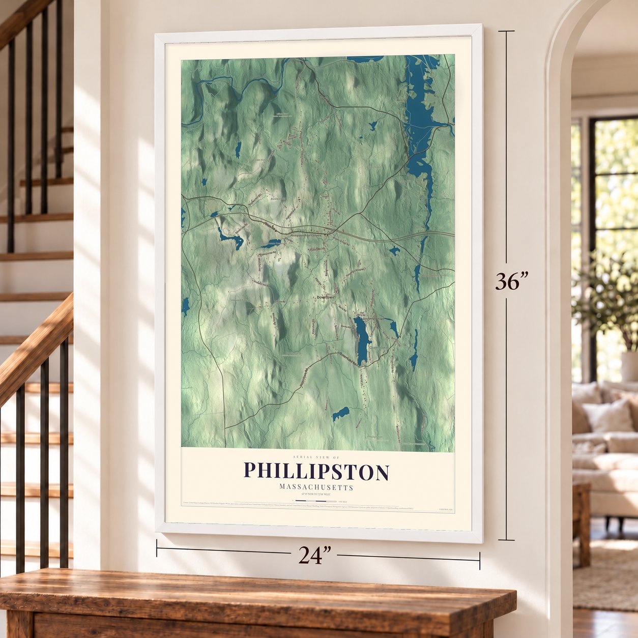 Phillipston, Massachusetts map, 24 x 36 inch print in a white frame by a staircase