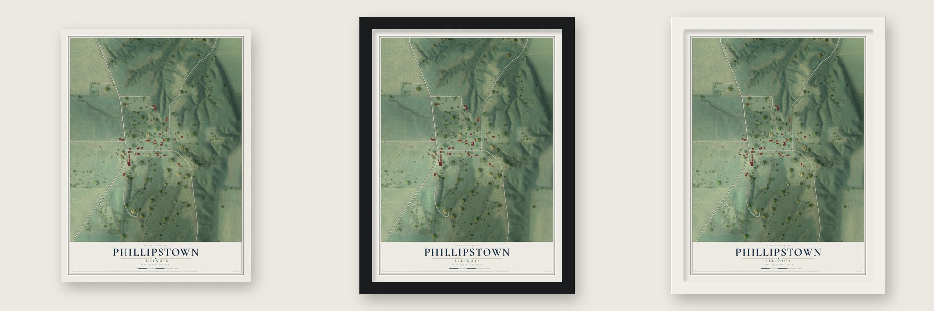 Phillipstown, Illinois map unframed, in a black wood frame and in a white wood frame