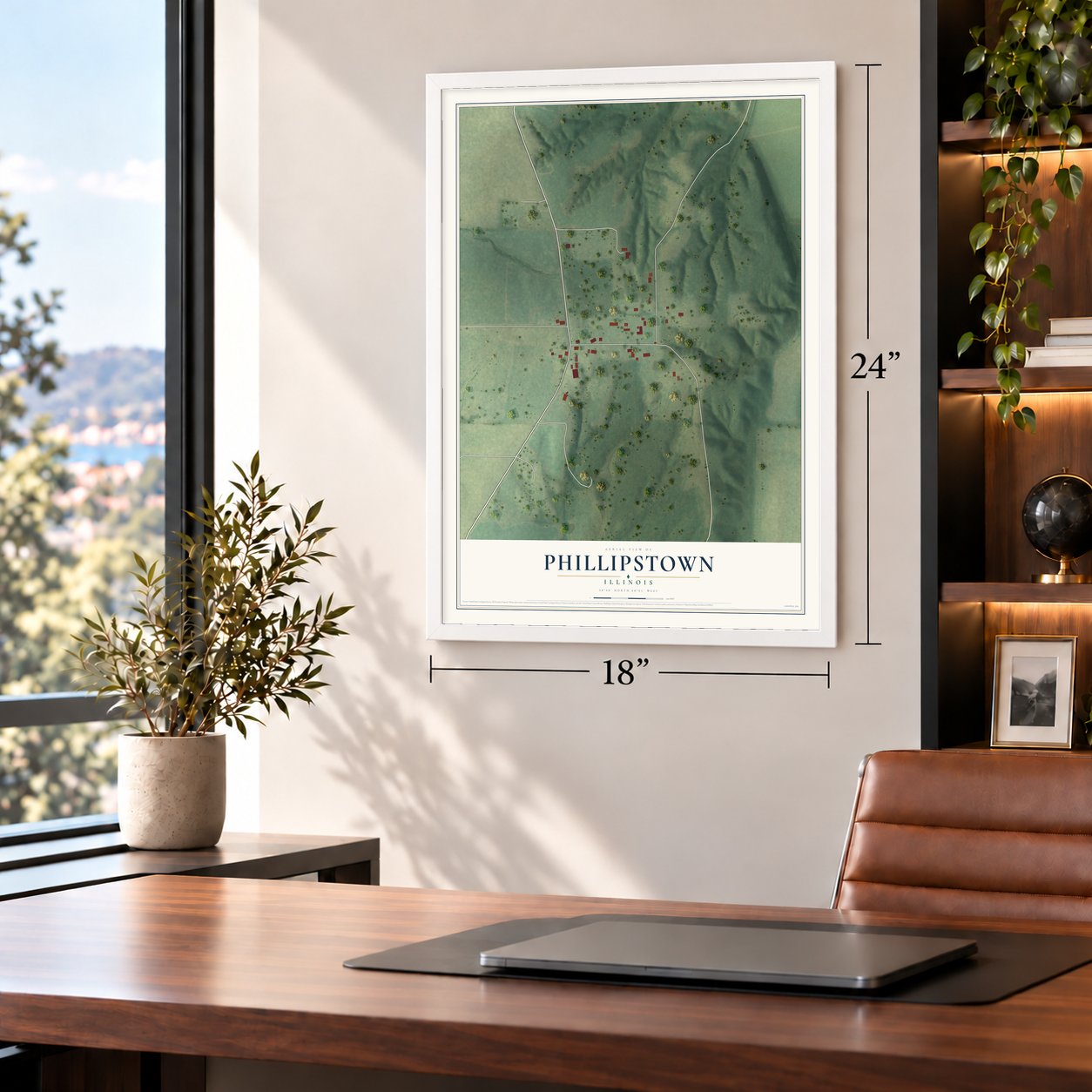 Phillipstown, Illinois map, 18 x 24 inch print in a white frame in a home office