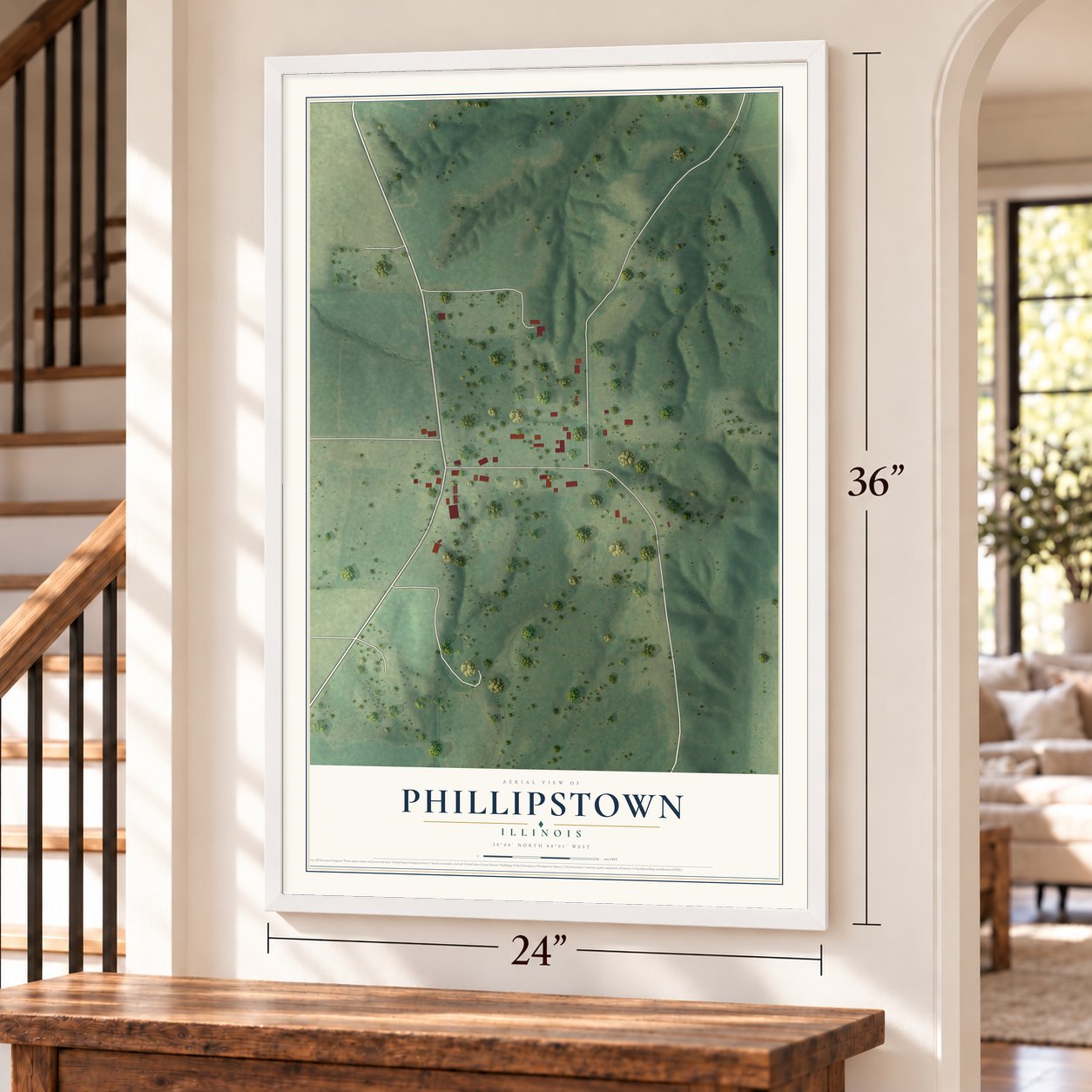 Phillipstown, Illinois map, 24 x 36 inch print in a white frame by a staircase