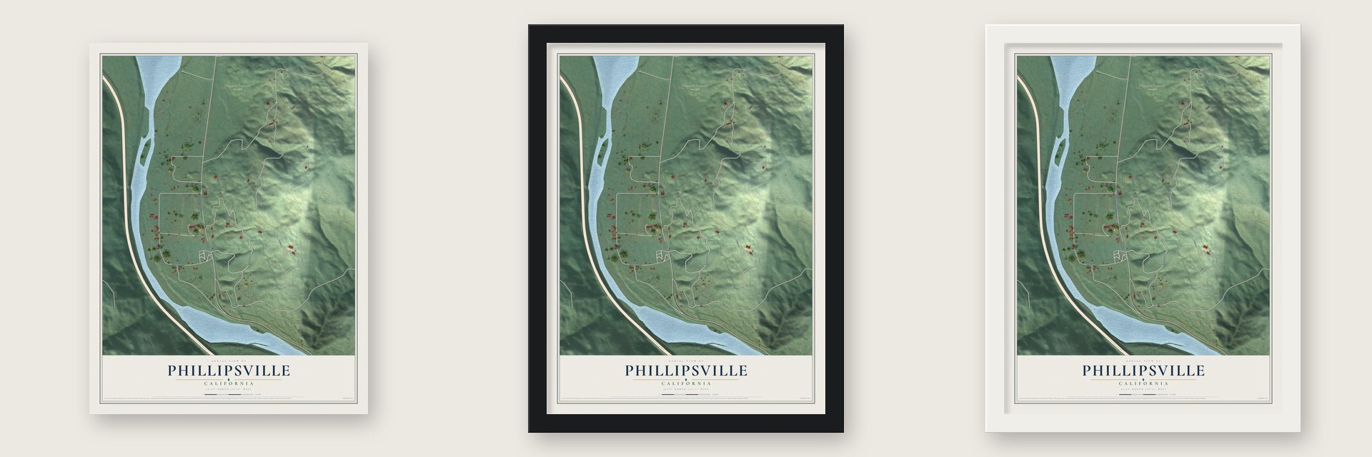 Phillipsville, California map unframed, in a black wood frame and in a white wood frame
