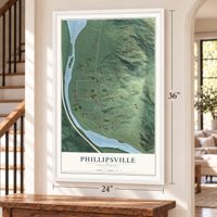 Phillipsville, California map, 24 x 36 inch print in a white frame by a staircase