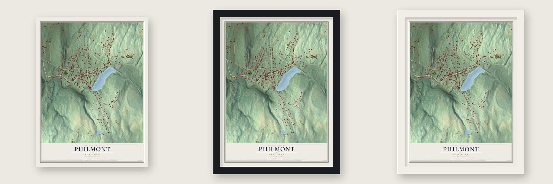 Philmont, New York map unframed, in a black wood frame and in a white wood frame