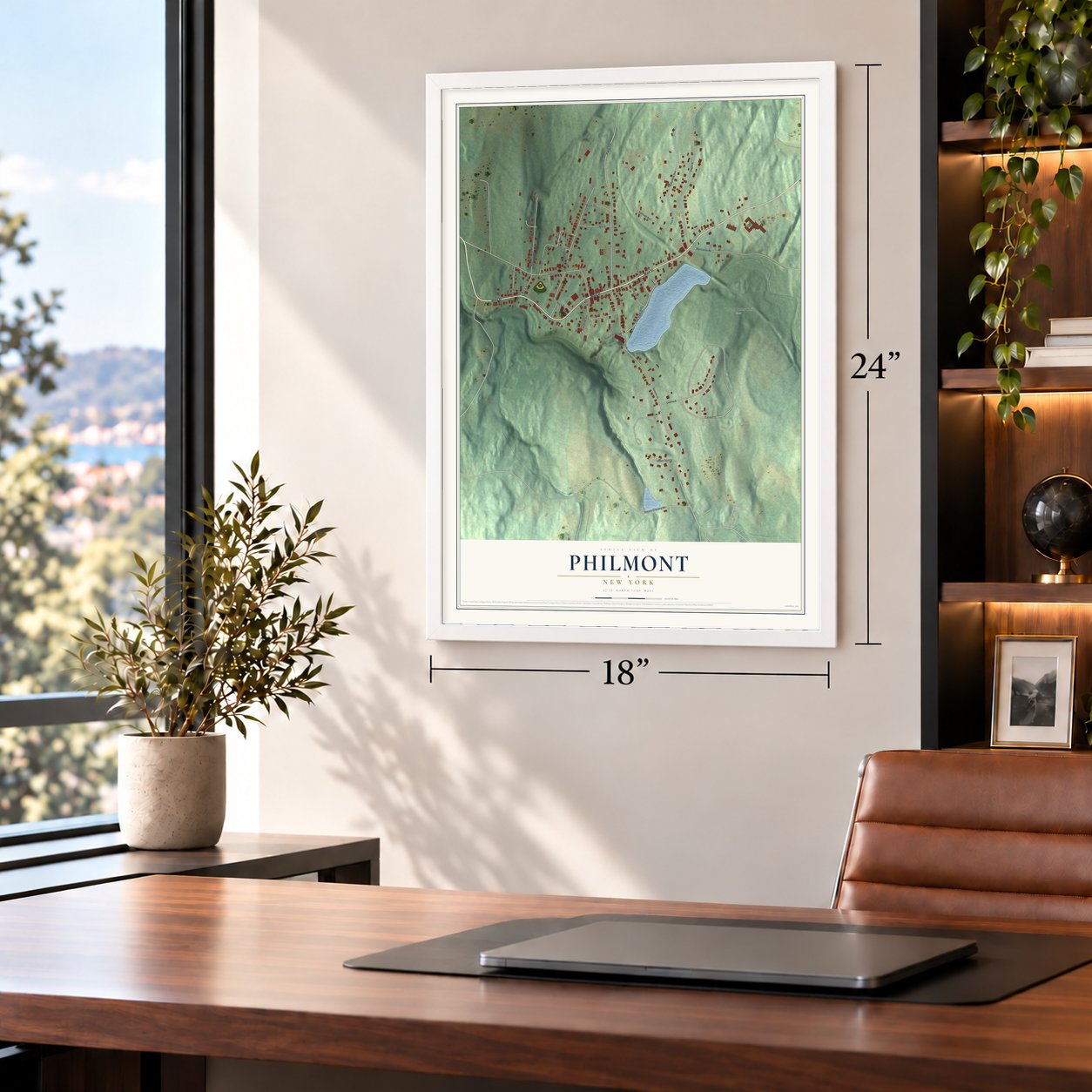 Philmont, New York map, 18 x 24 inch print in a white frame in a home office