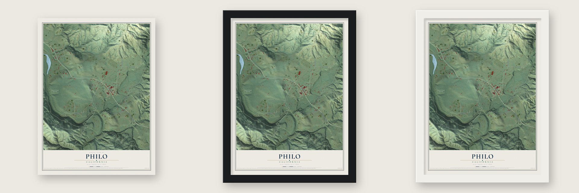 Philo, California map unframed, in a black wood frame and in a white wood frame