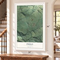 Philo, California map, 24 x 36 inch print in a white frame by a staircase