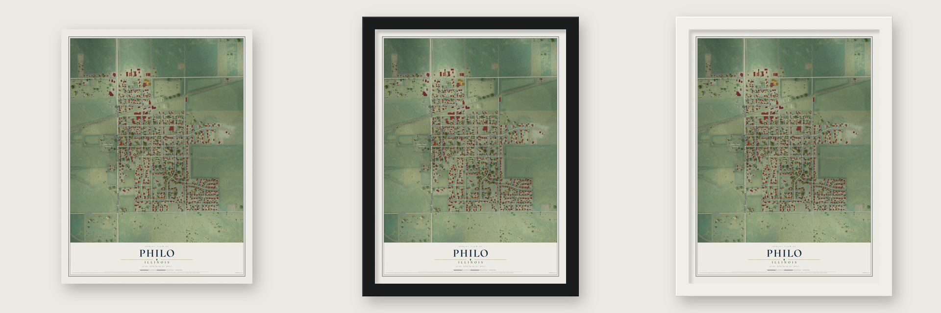 Philo, Illinois map unframed, in a black wood frame and in a white wood frame