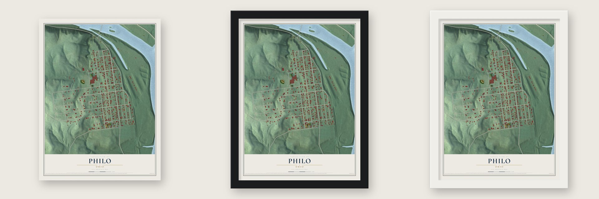 Philo, Ohio map unframed, in a black wood frame and in a white wood frame