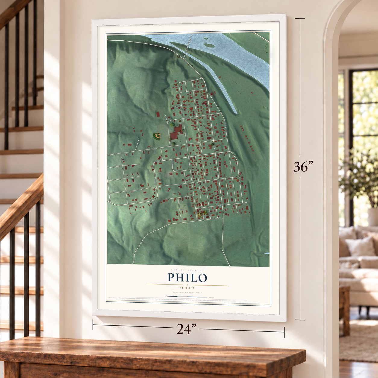 Philo, Ohio map, 24 x 36 inch print in a white frame by a staircase