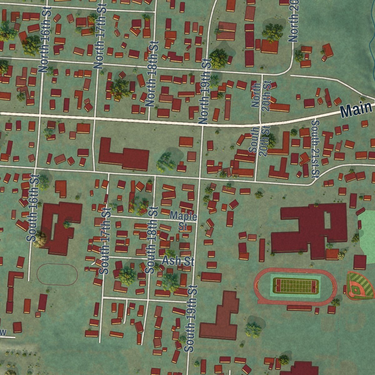 Second close-up of the map of Philomath, Oregon print showing more streets and buildings
