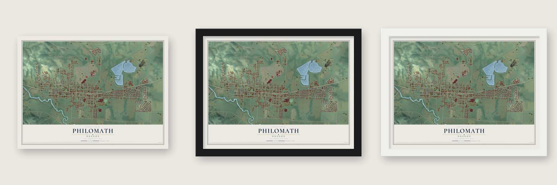 Philomath, Oregon map unframed, in a black wood frame and in a white wood frame