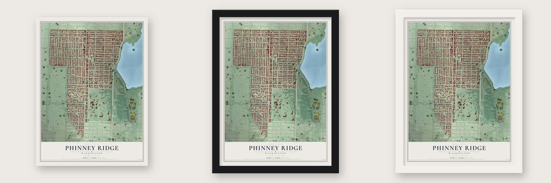 Phinney Ridge, Washington map unframed, in a black wood frame and in a white wood frame