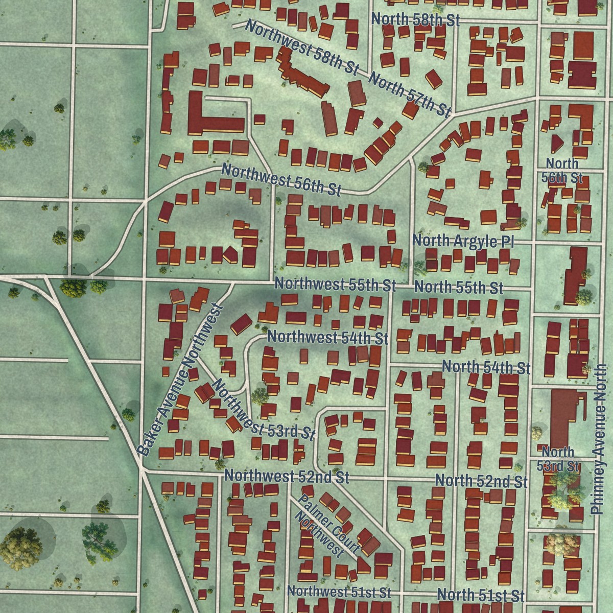 Second close-up of the map of Phinney Ridge, Washington print showing more streets and buildings