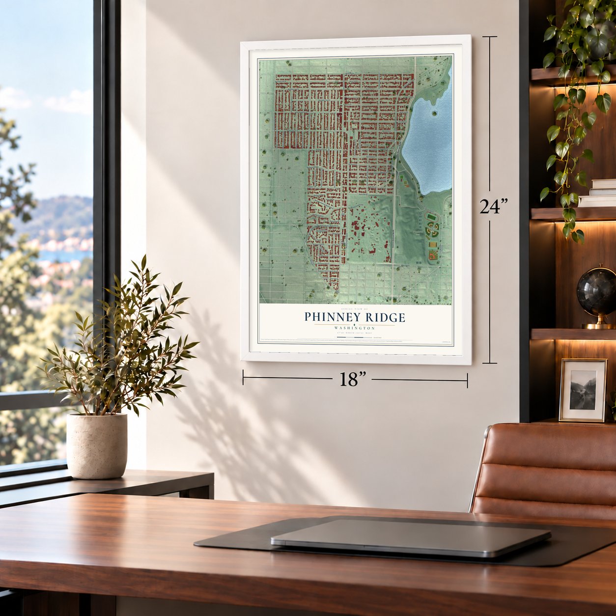 Phinney Ridge, Washington map, 18 x 24 inch print in a white frame in a home office