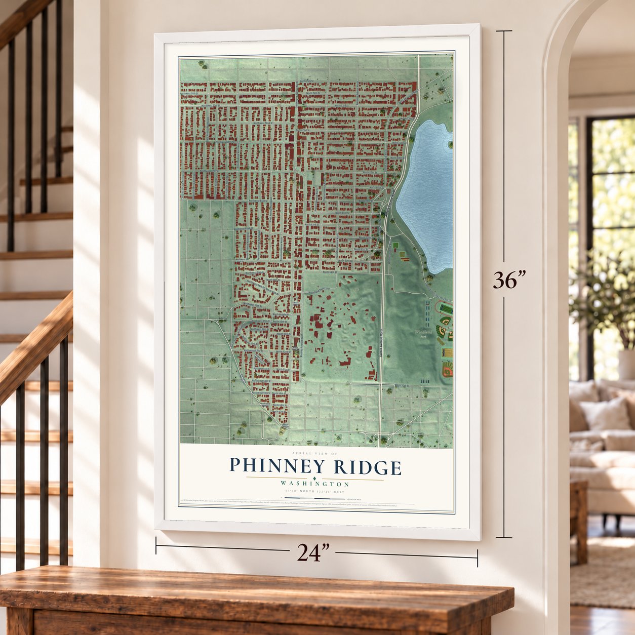 Phinney Ridge, Washington map, 24 x 36 inch print in a white frame by a staircase