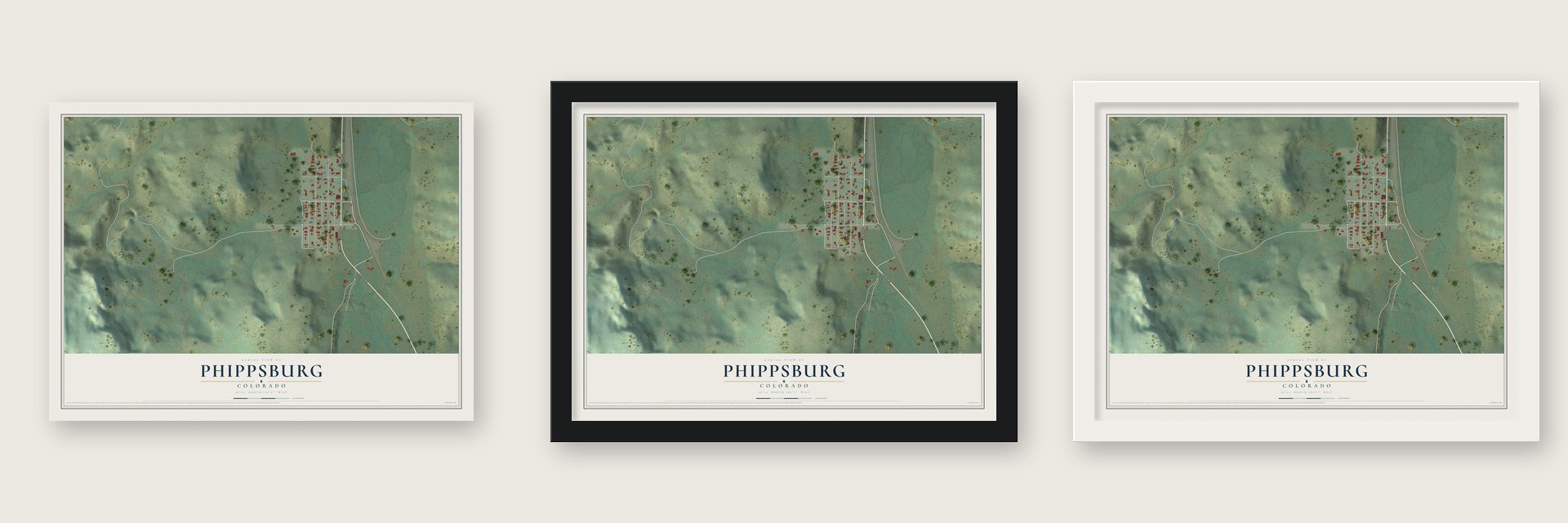 Phippsburg, Colorado map unframed, in a black wood frame and in a white wood frame