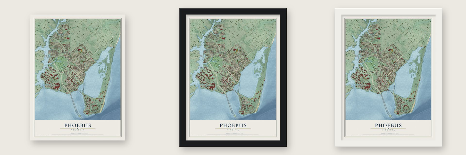 Phoebus, Virginia map unframed, in a black wood frame and in a white wood frame