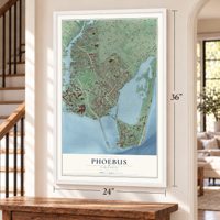 Phoebus, Virginia map, 24 x 36 inch print in a white frame by a staircase