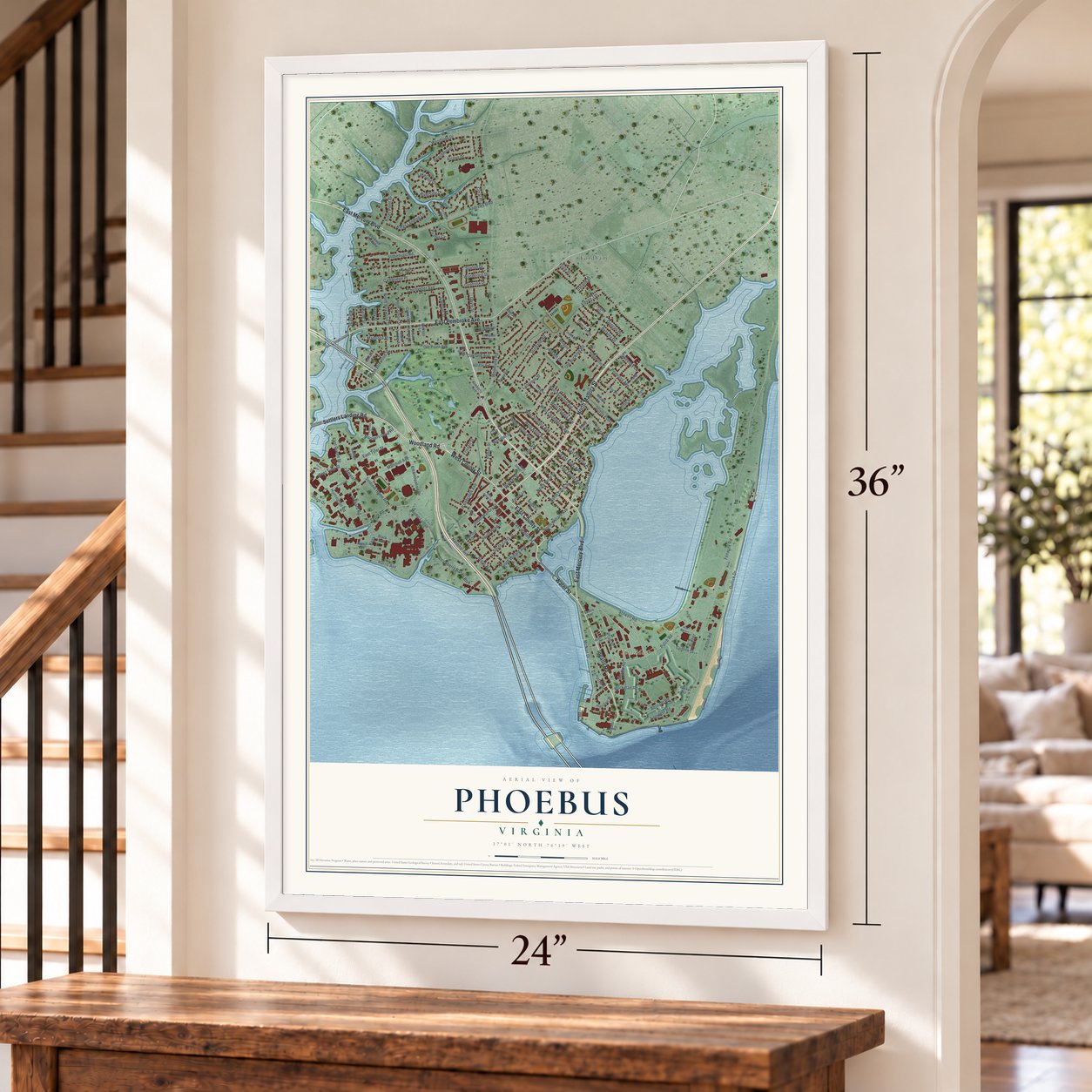 Phoebus, Virginia map, 24 x 36 inch print in a white frame by a staircase