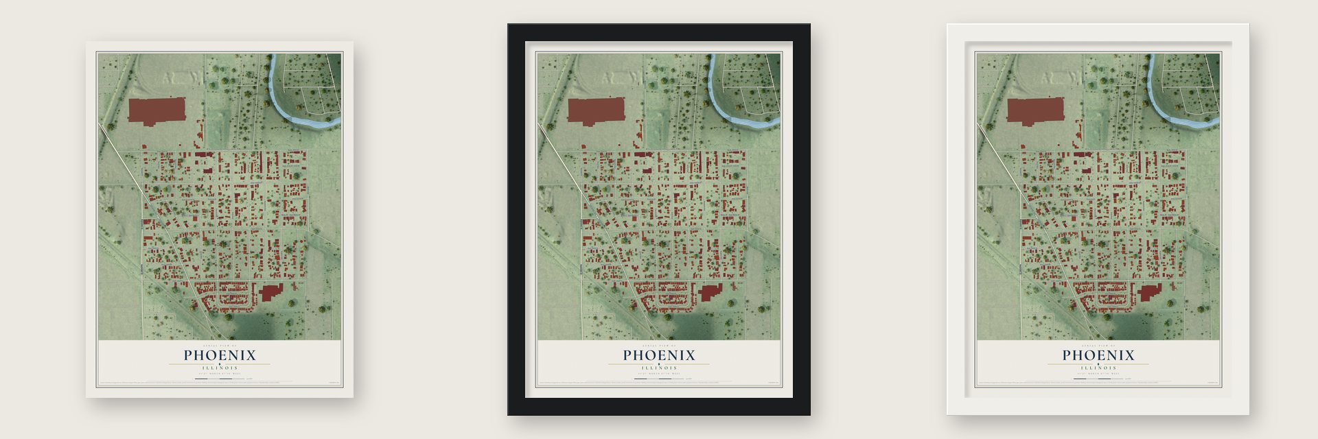 Phoenix, Illinois map unframed, in a black wood frame and in a white wood frame