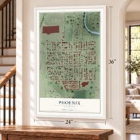 Phoenix, Illinois map, 24 x 36 inch print in a white frame by a staircase