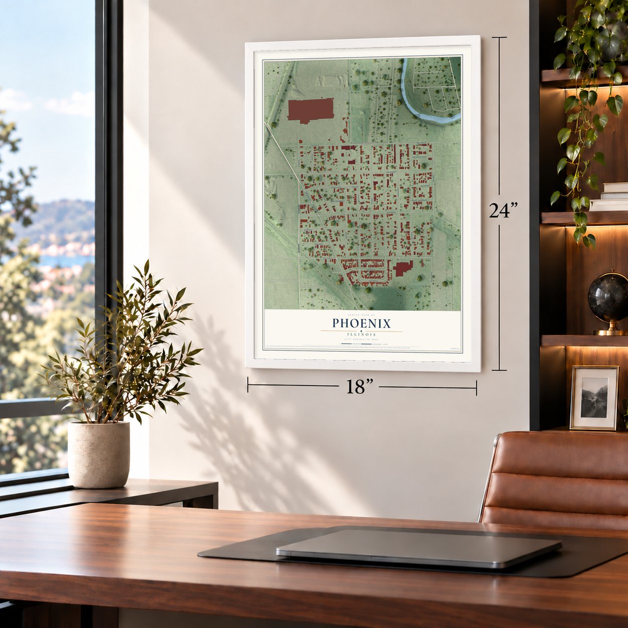 Phoenix, Illinois map, 18 x 24 inch print in a white frame in a home office