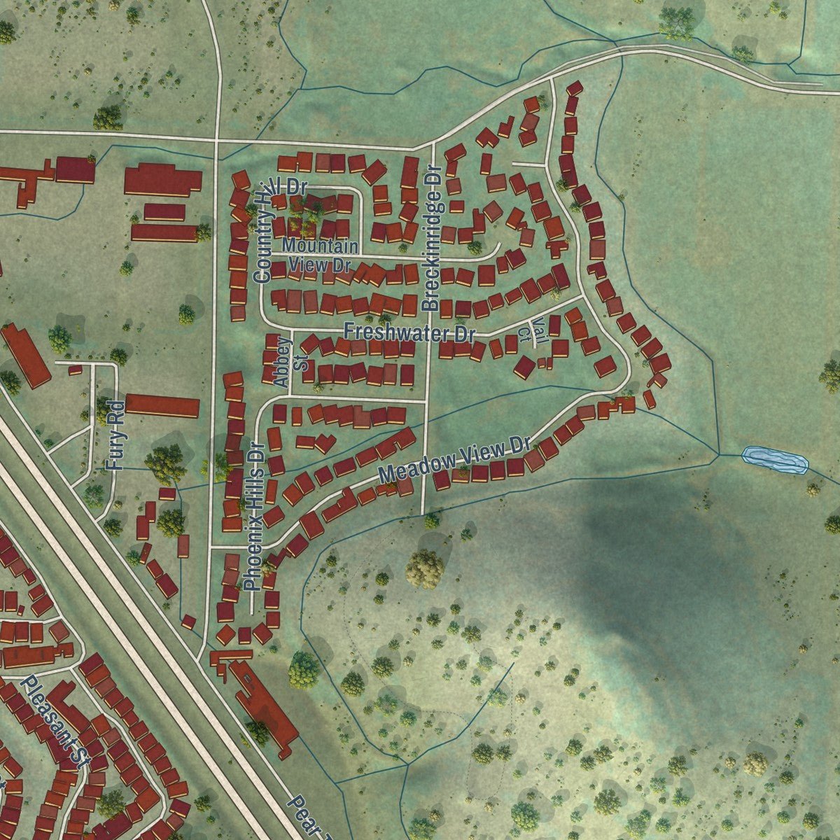 Second close-up of the map of Phoenix, Oregon print showing more streets and buildings