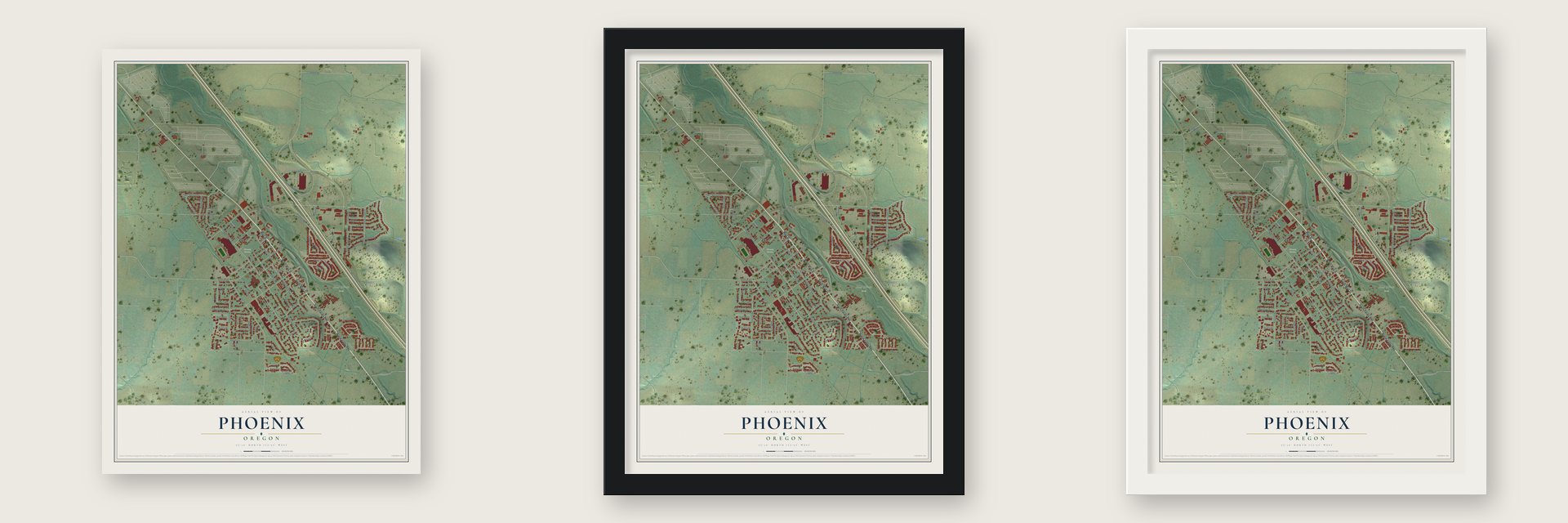Phoenix, Oregon map unframed, in a black wood frame and in a white wood frame