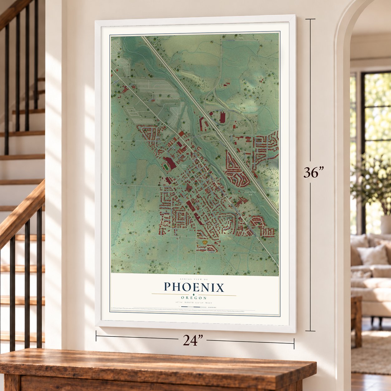 Phoenix, Oregon map, 24 x 36 inch print in a white frame by a staircase