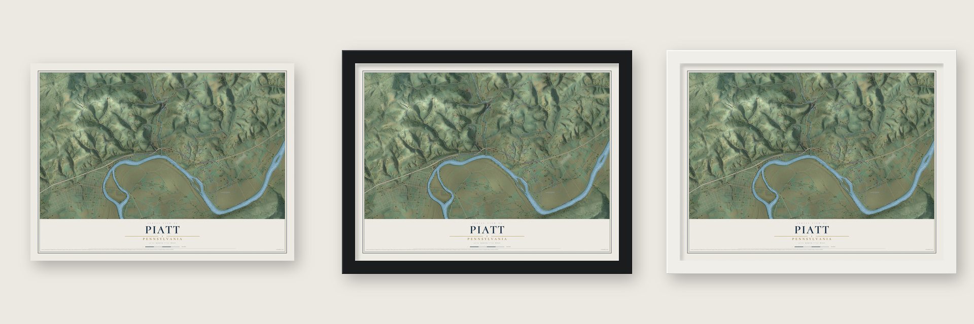 Piatt, Pennsylvania map unframed, in a black wood frame and in a white wood frame