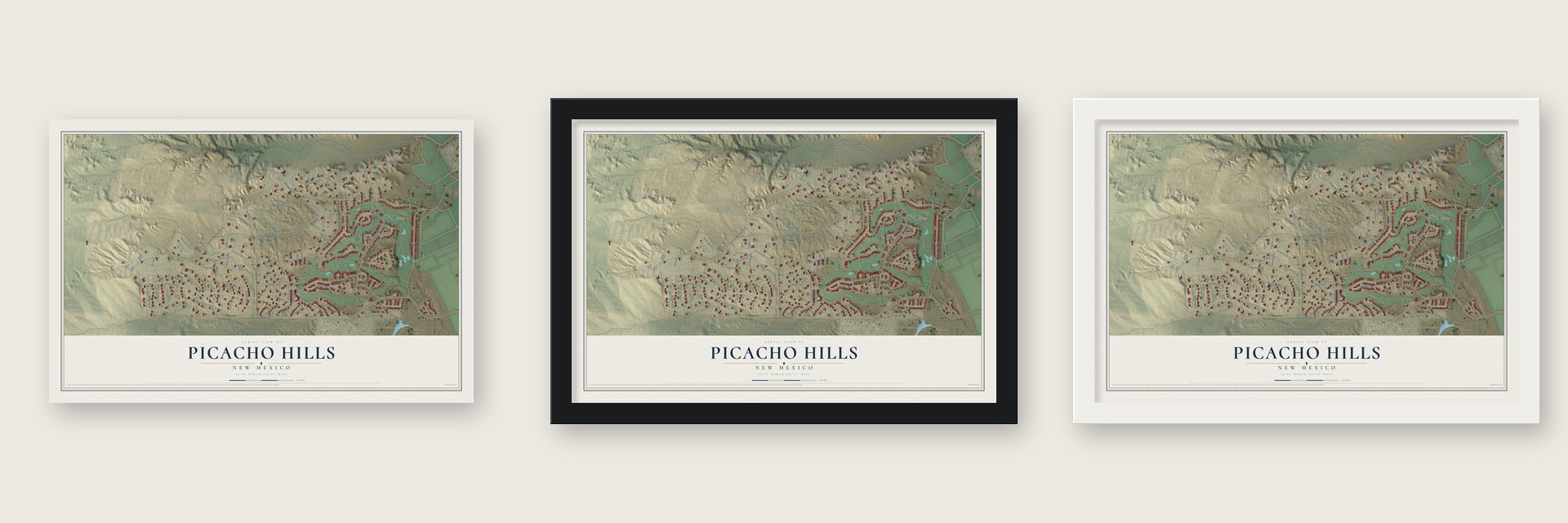 Picacho Hills, New Mexico map unframed, in a black wood frame and in a white wood frame