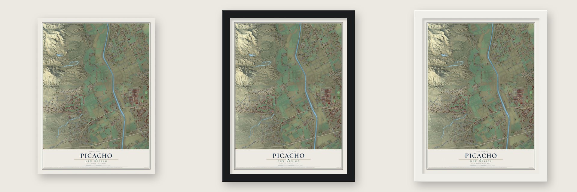 Picacho, New Mexico map unframed, in a black wood frame and in a white wood frame