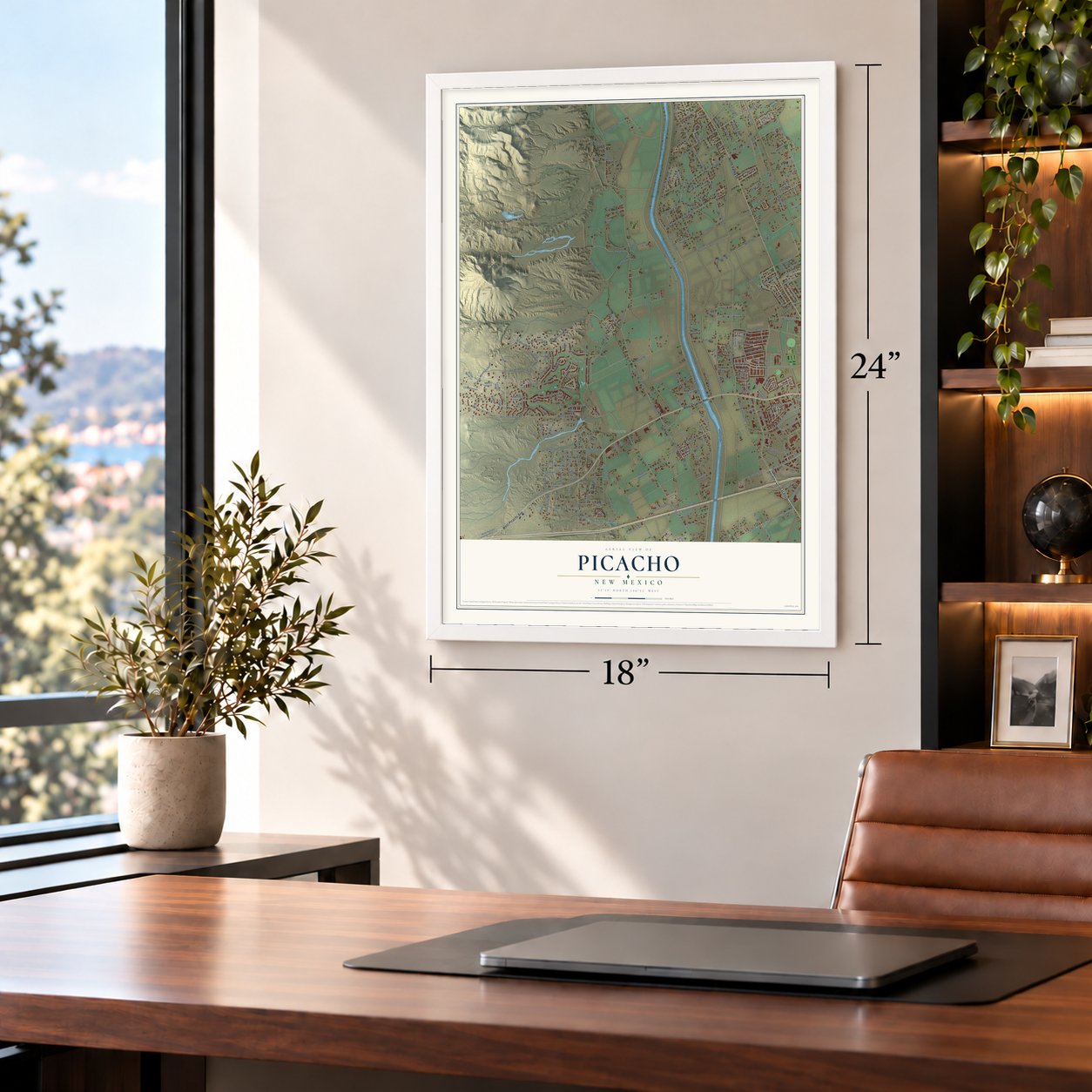Picacho, New Mexico map, 18 x 24 inch print in a white frame in a home office