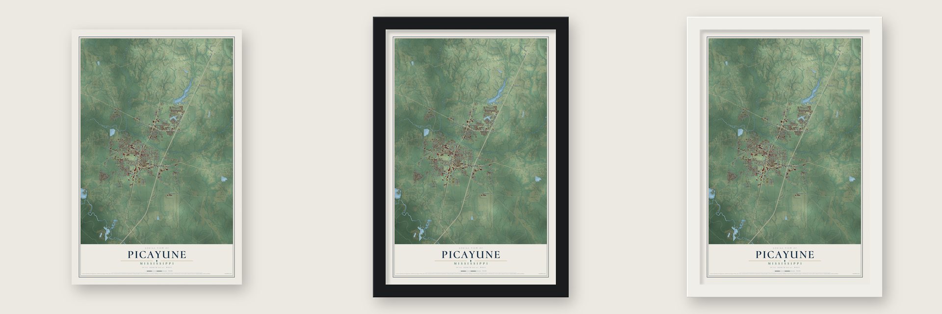 Picayune, Mississippi map unframed, in a black wood frame and in a white wood frame