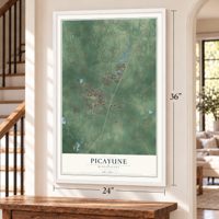 Picayune, Mississippi map, 24 x 36 inch print in a white frame by a staircase