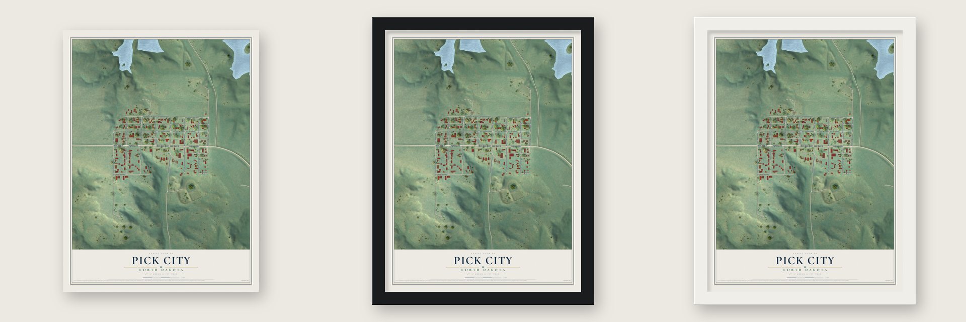 Pick City, North Dakota map unframed, in a black wood frame and in a white wood frame
