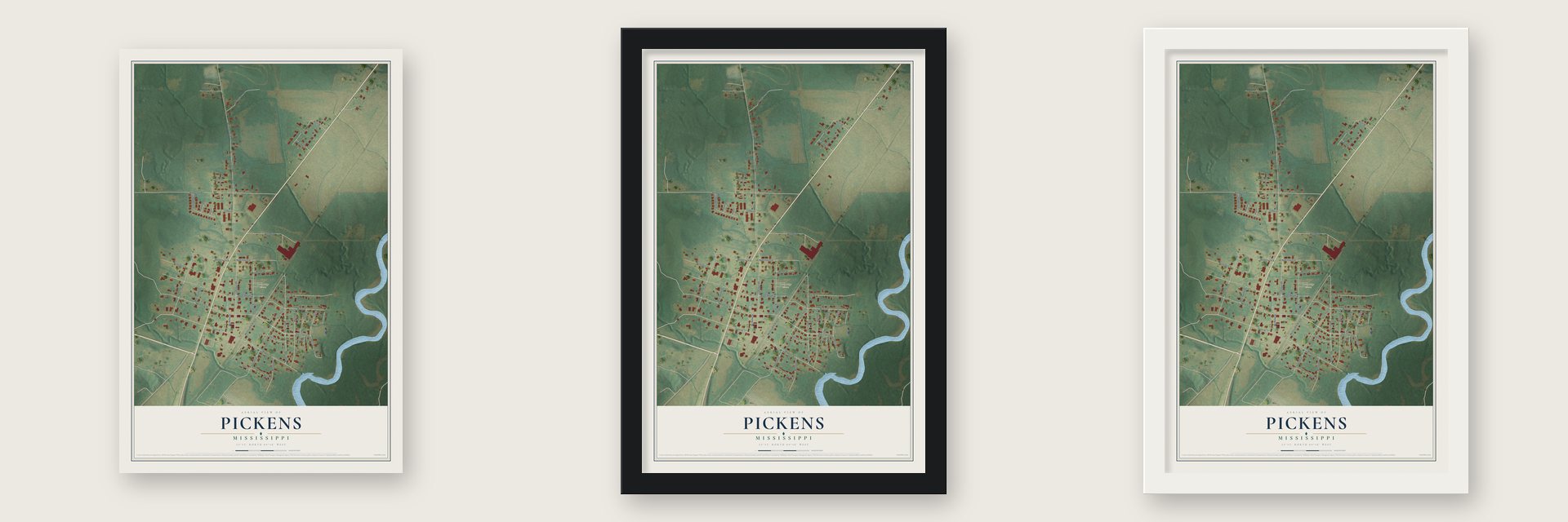 Pickens, Mississippi map unframed, in a black wood frame and in a white wood frame
