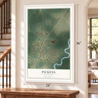 Pickens, Mississippi map, 24 x 36 inch print in a white frame by a staircase