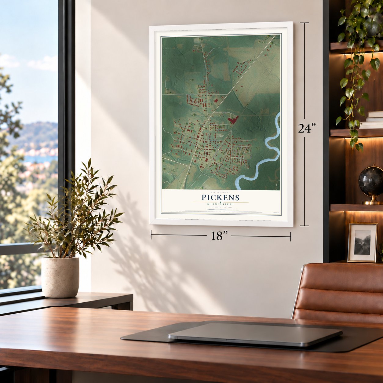 Pickens, Mississippi map, 18 x 24 inch print in a white frame in a home office