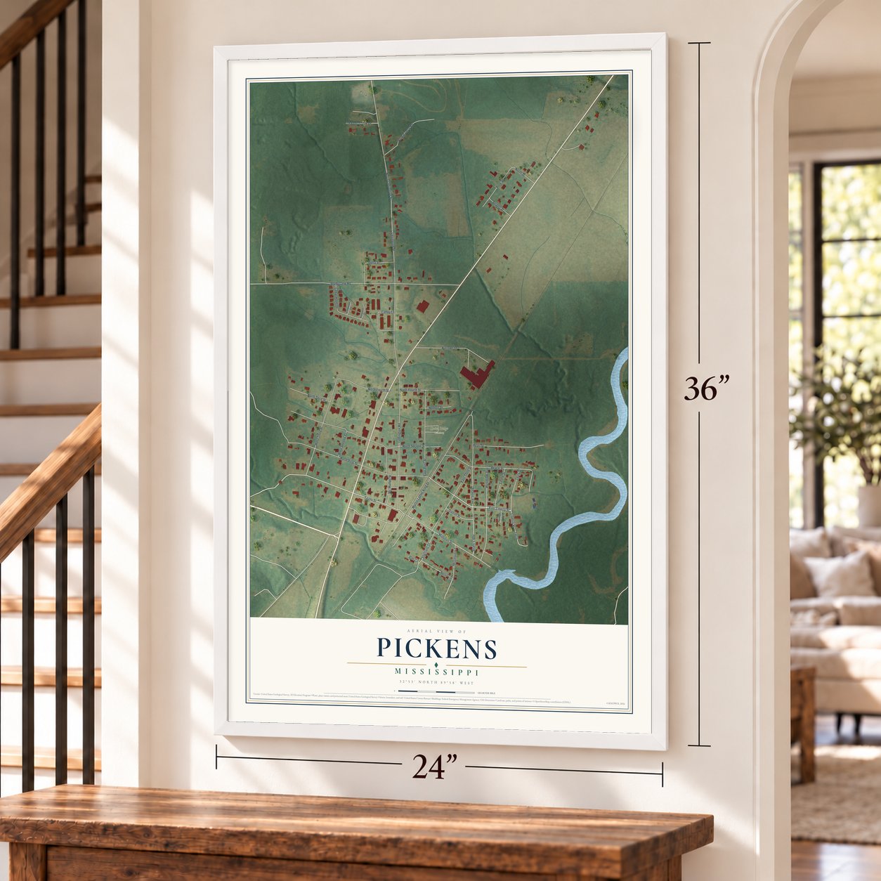 Pickens, Mississippi map, 24 x 36 inch print in a white frame by a staircase