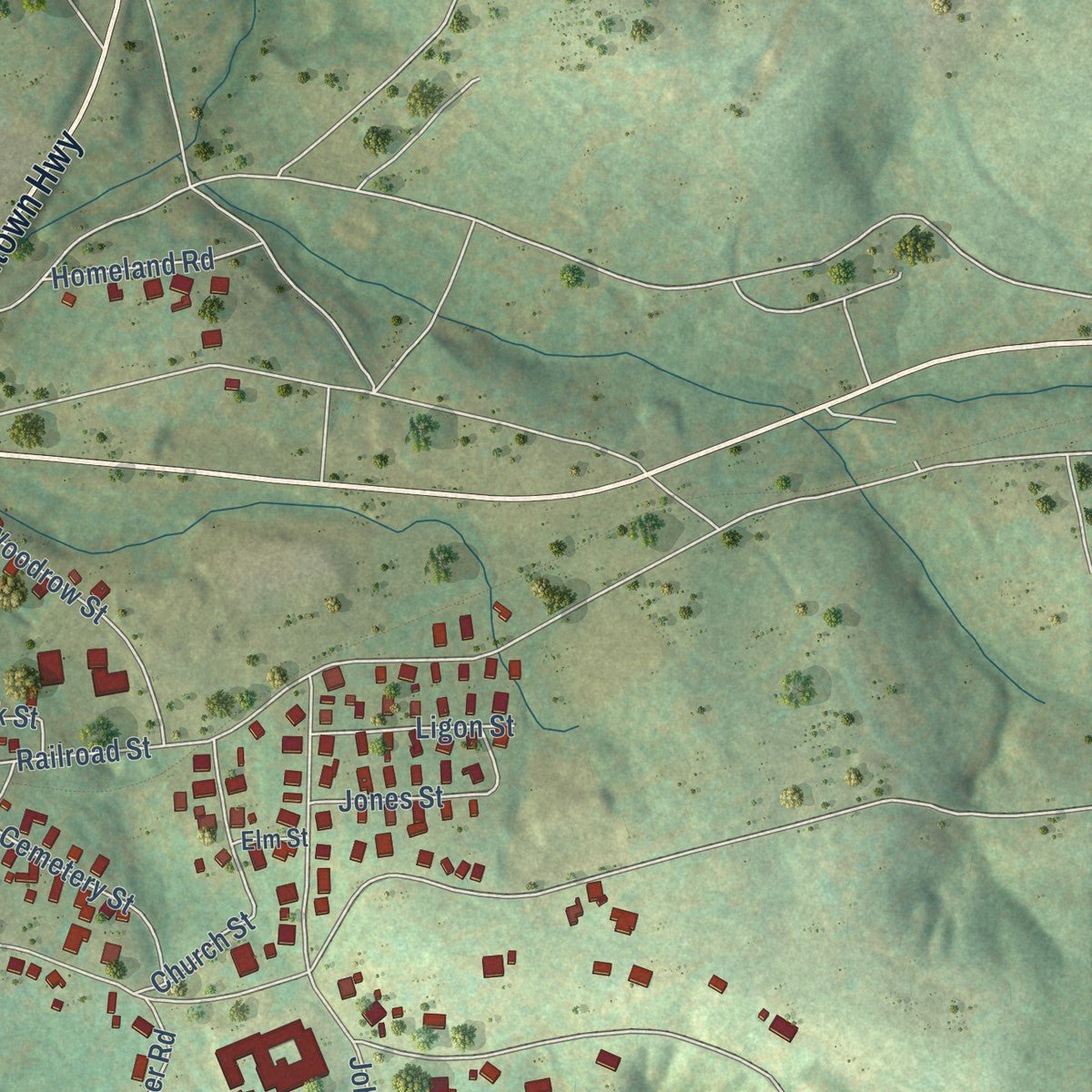 Second close-up of the map of Pickens, South Carolina print showing more streets and buildings