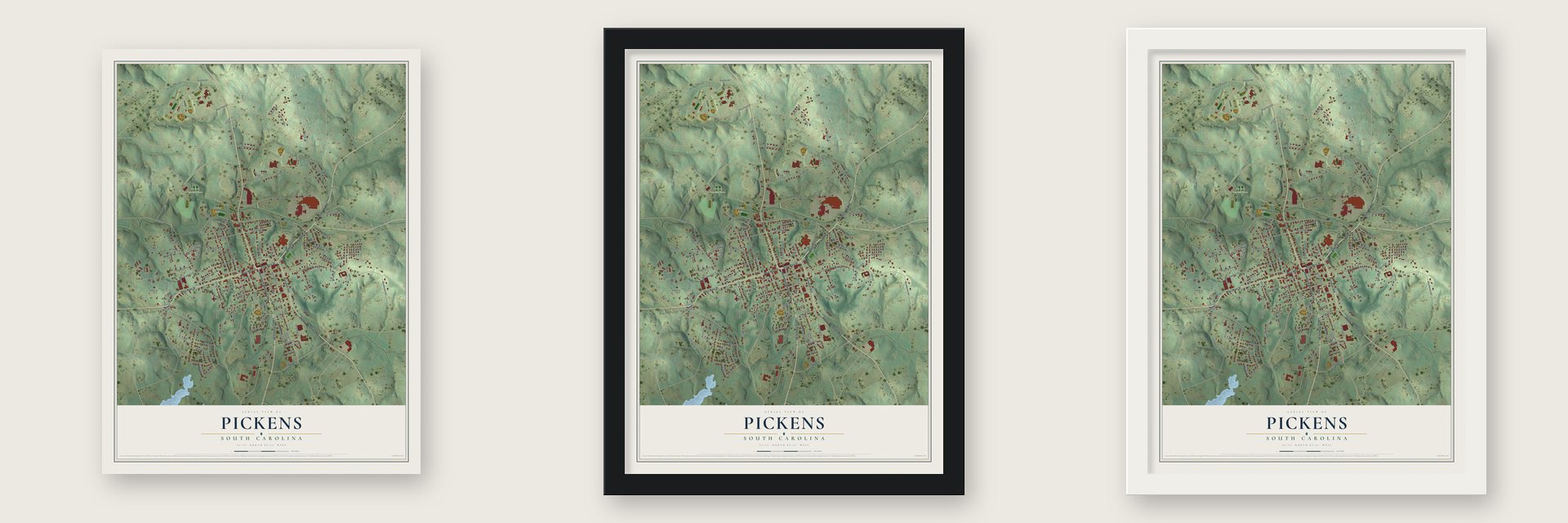 Pickens, South Carolina map unframed, in a black wood frame and in a white wood frame