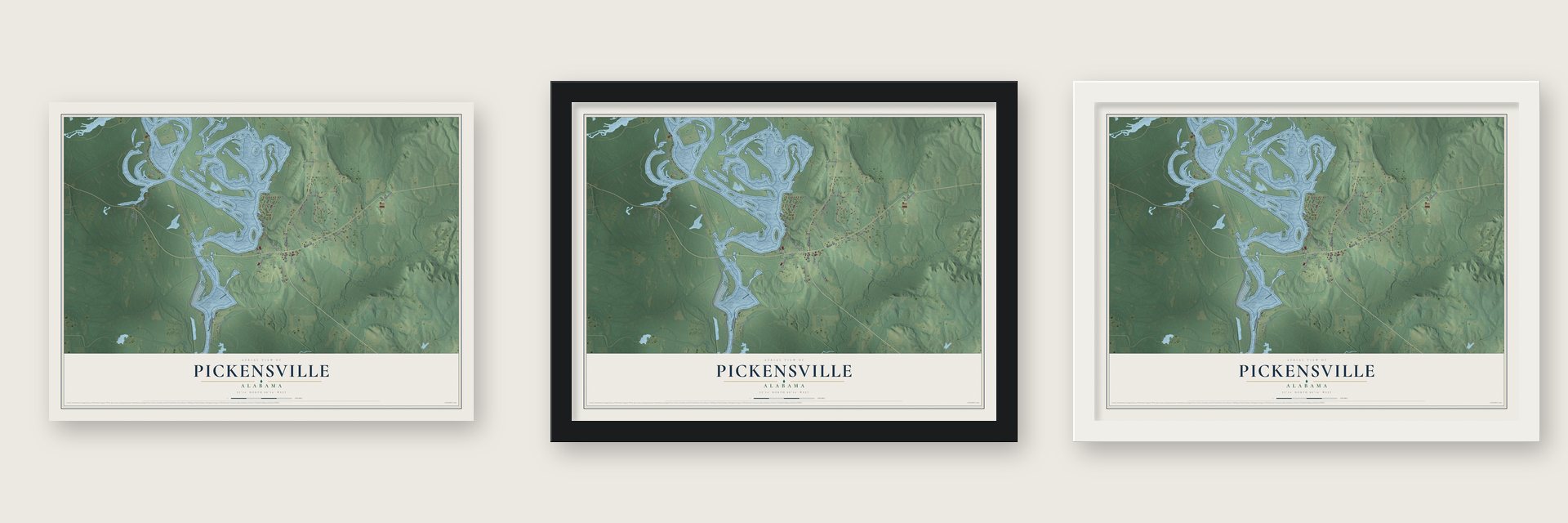 Pickensville, Alabama map unframed, in a black wood frame and in a white wood frame