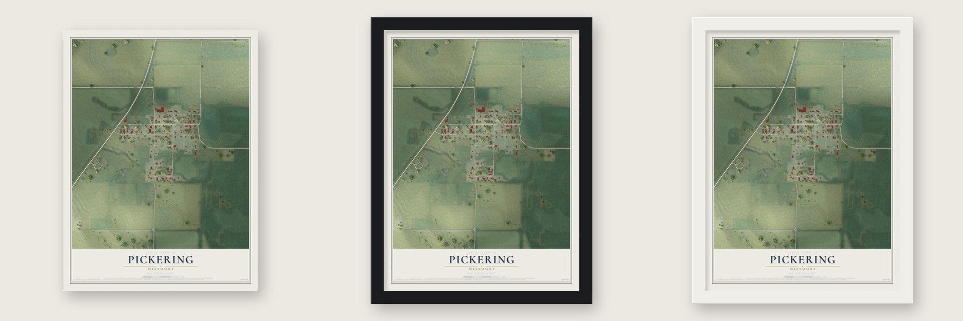 Pickering, Missouri map unframed, in a black wood frame and in a white wood frame