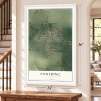 Pickering, Missouri map, 24 x 36 inch print in a white frame by a staircase