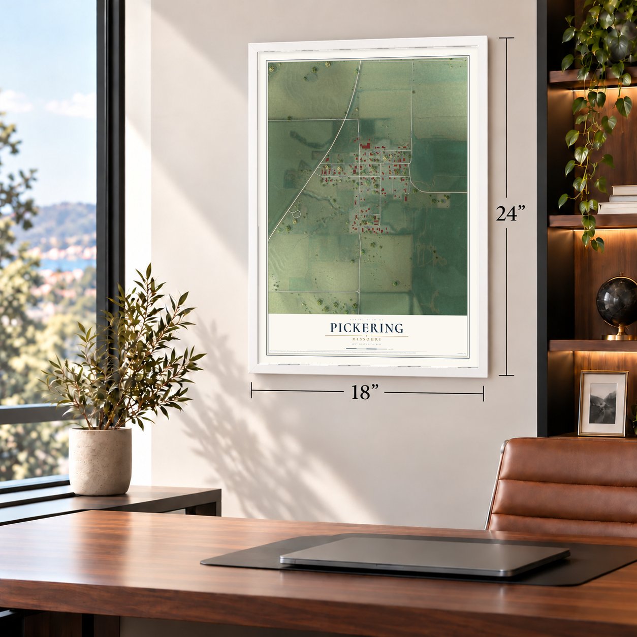 Pickering, Missouri map, 18 x 24 inch print in a white frame in a home office