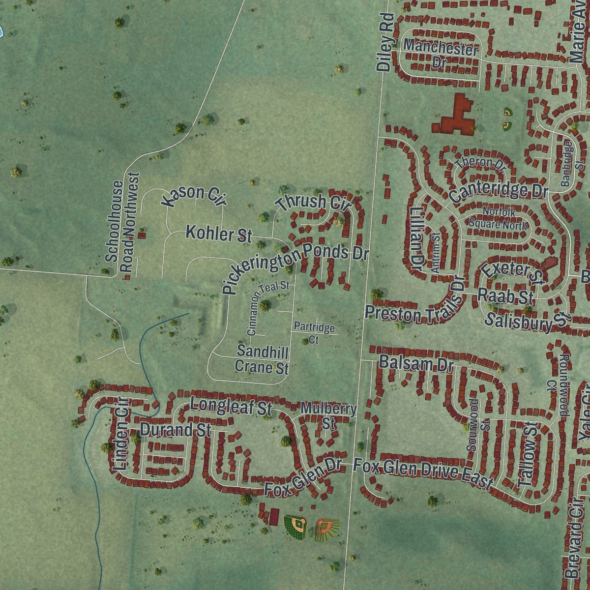 Second close-up of the map of Pickerington, Ohio print showing more streets and buildings