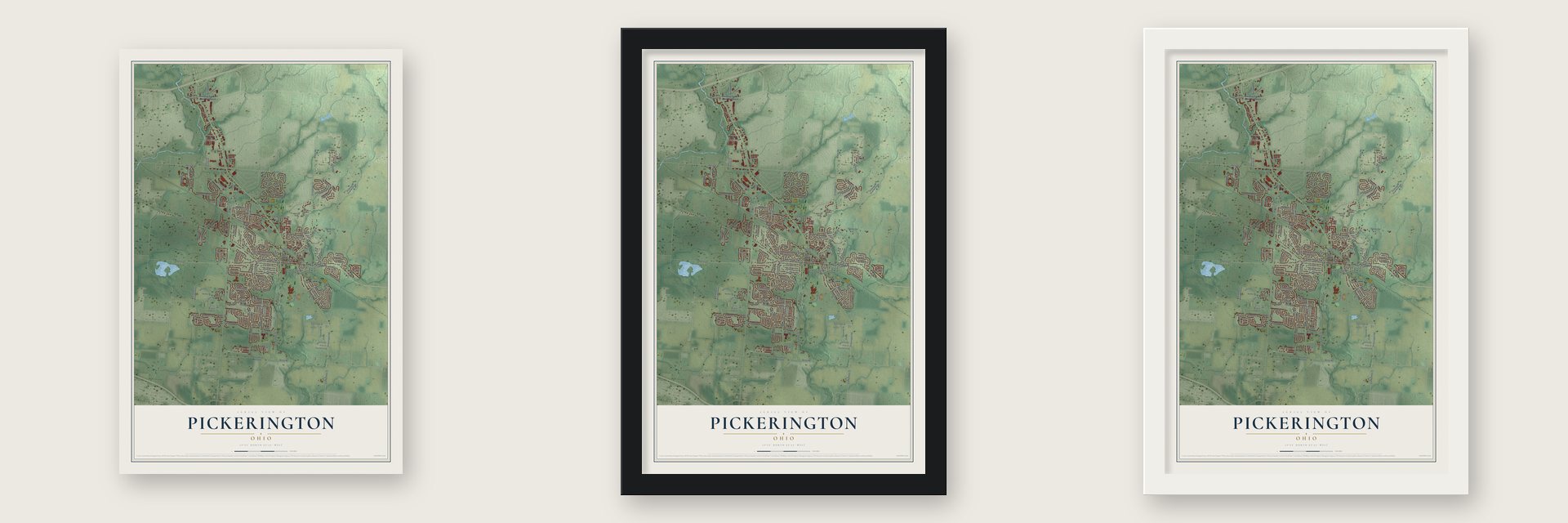 Pickerington, Ohio map unframed, in a black wood frame and in a white wood frame